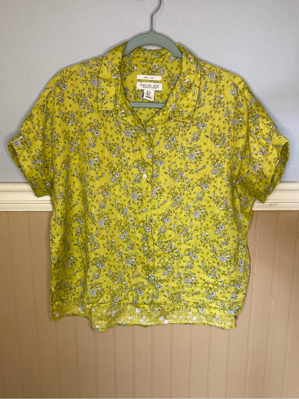 Rachel Zoe 100% Linen Floral Button Down Shirt - Yellow/Blue Flower Short Sleeve
